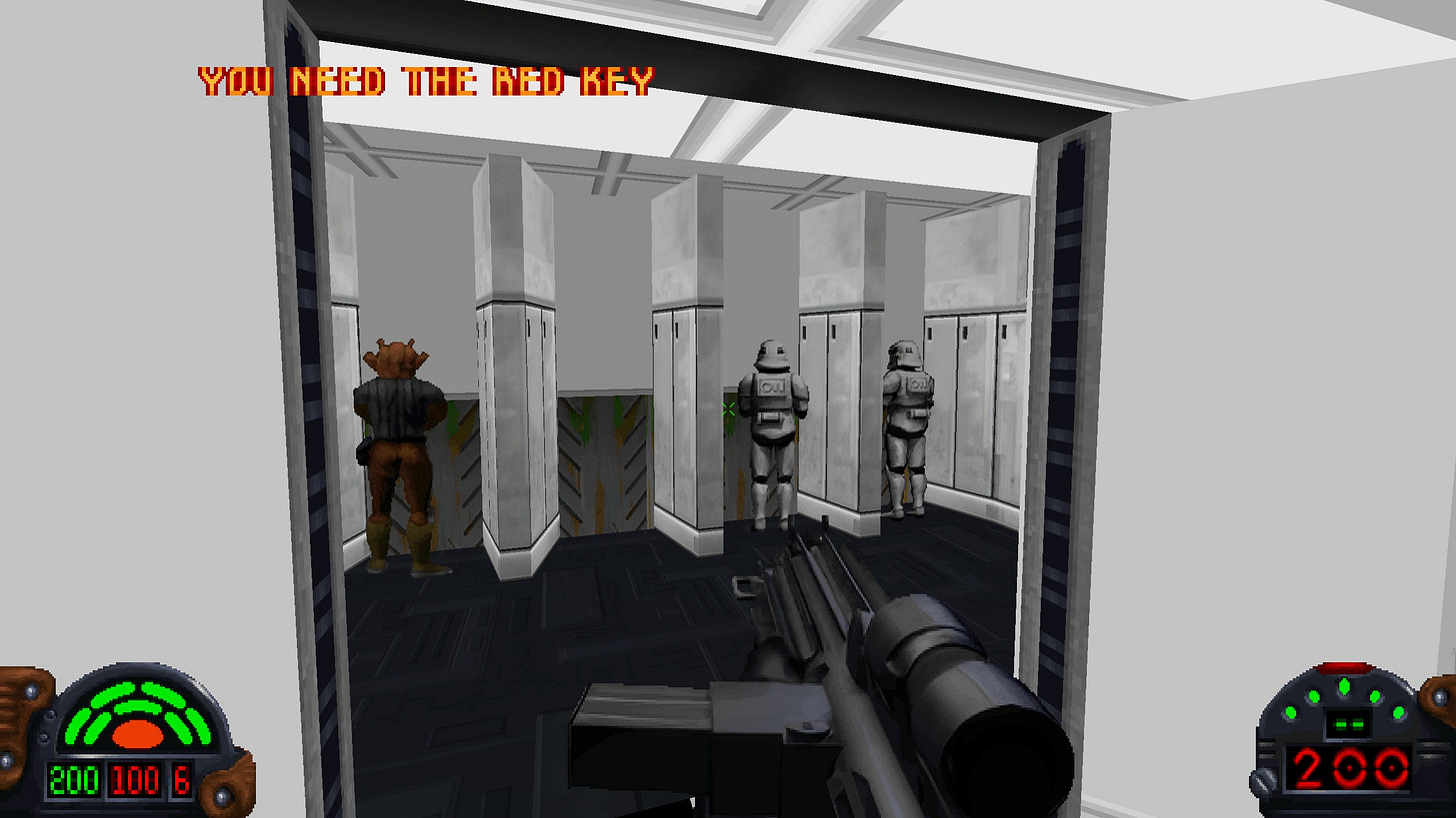 Screenshot of the player staring into a bathroom, where enemies are relieving themselves.