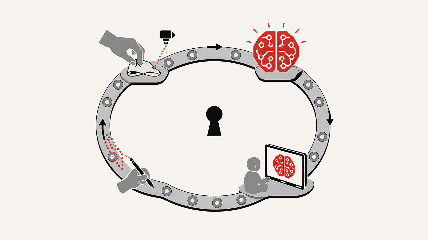 Illustration : une boucle circulaire de convoyeur relie quatre stations — une main adulte pliant du linge près d'un capteur, un cerveau à circuits d'IA géométrique rouge, un écran où ce cœur enseigne à un enfant gris, le stylo de l'enfant émettant un filet de points rouges qui rejoignent le cerveau. Au centre exact de la boucle, une serrure noire, seule. L'humain éduque la machine qui éduque l'humain ; la boucle appartient à quelqu'un.