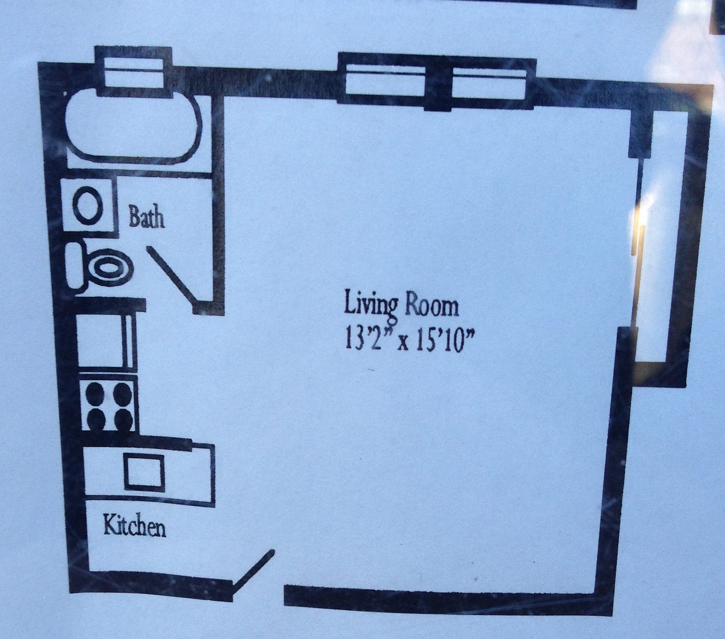 A floorplan for a very small studio apartment