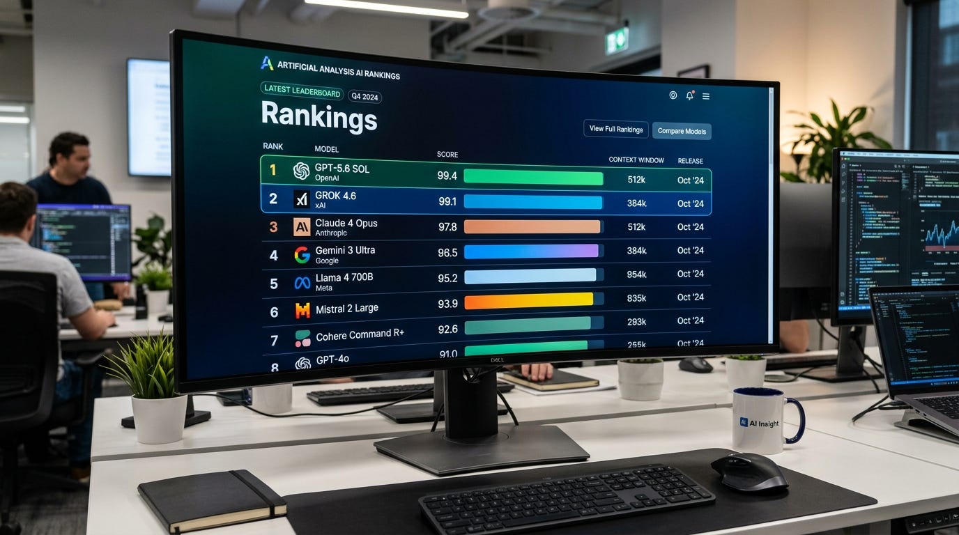 Hình ảnh thực tế một màn hình lớn hiển thị bảng xếp hạng 'Artificial Analysis AI Rankings,' với 'GPT-5.6 Sol' và 'Grok 4.6' đứng cạnh nhau ở các vị trí cao nhất, vượt qua các mô hình khác.