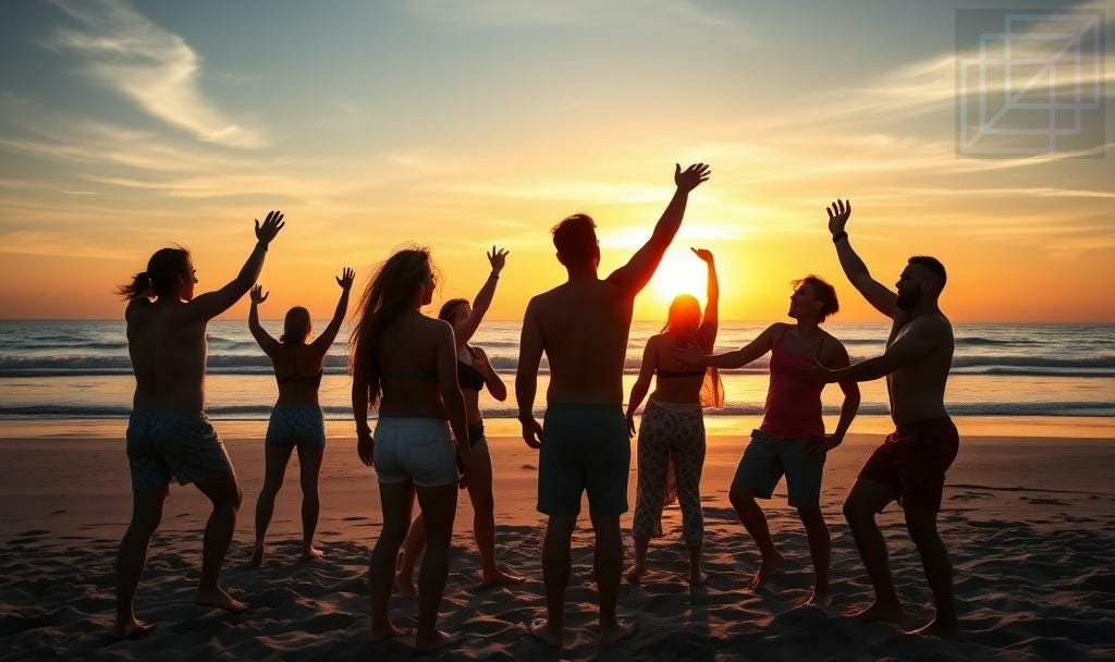 A group of people celebrating on a beach in front of a sunset A group of people celebrating on a beach in front of a sunset