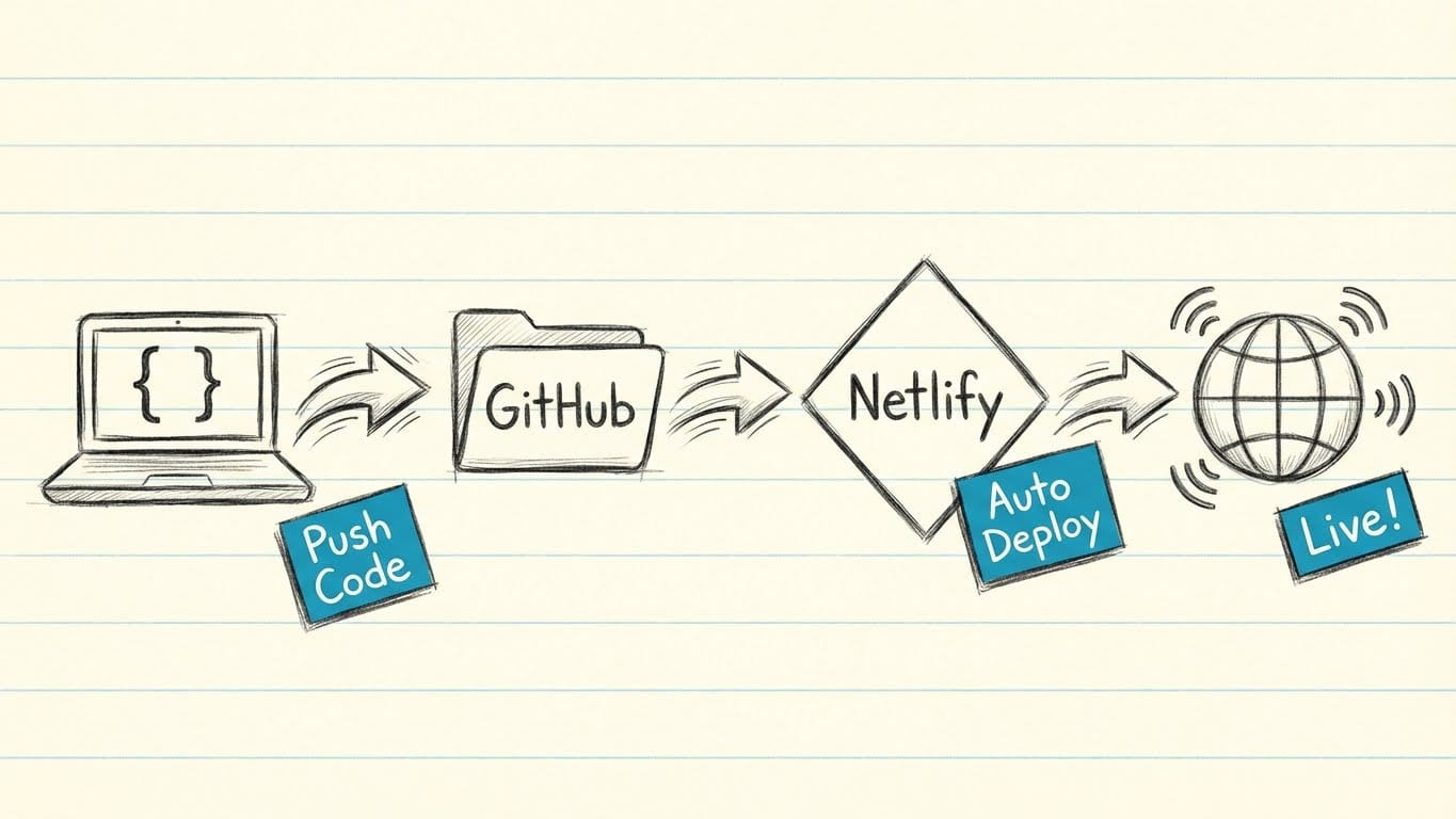 Static site deployment workflow - push code to GitHub, auto-deploy with Netlify to live website