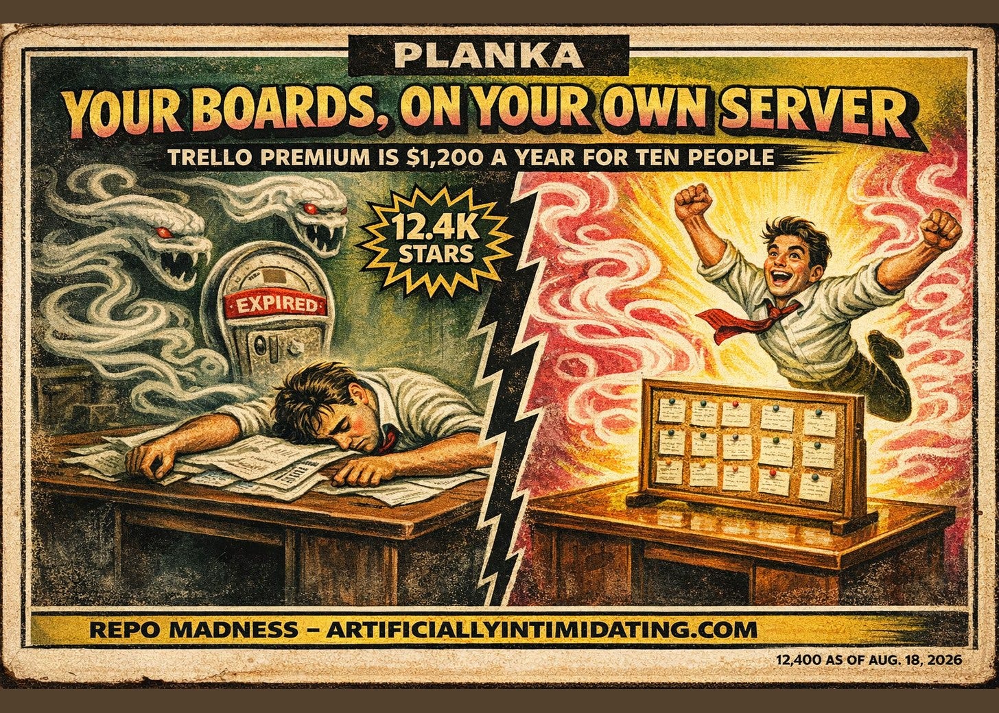 A painted 1930s-style poster split in two. Left: a worker slumped beside an enormous parking meter with a red expired flag raised. Right: the same man beaming over a wooden corkboard of neatly pinned index cards. Nameplate reads PLANKA.