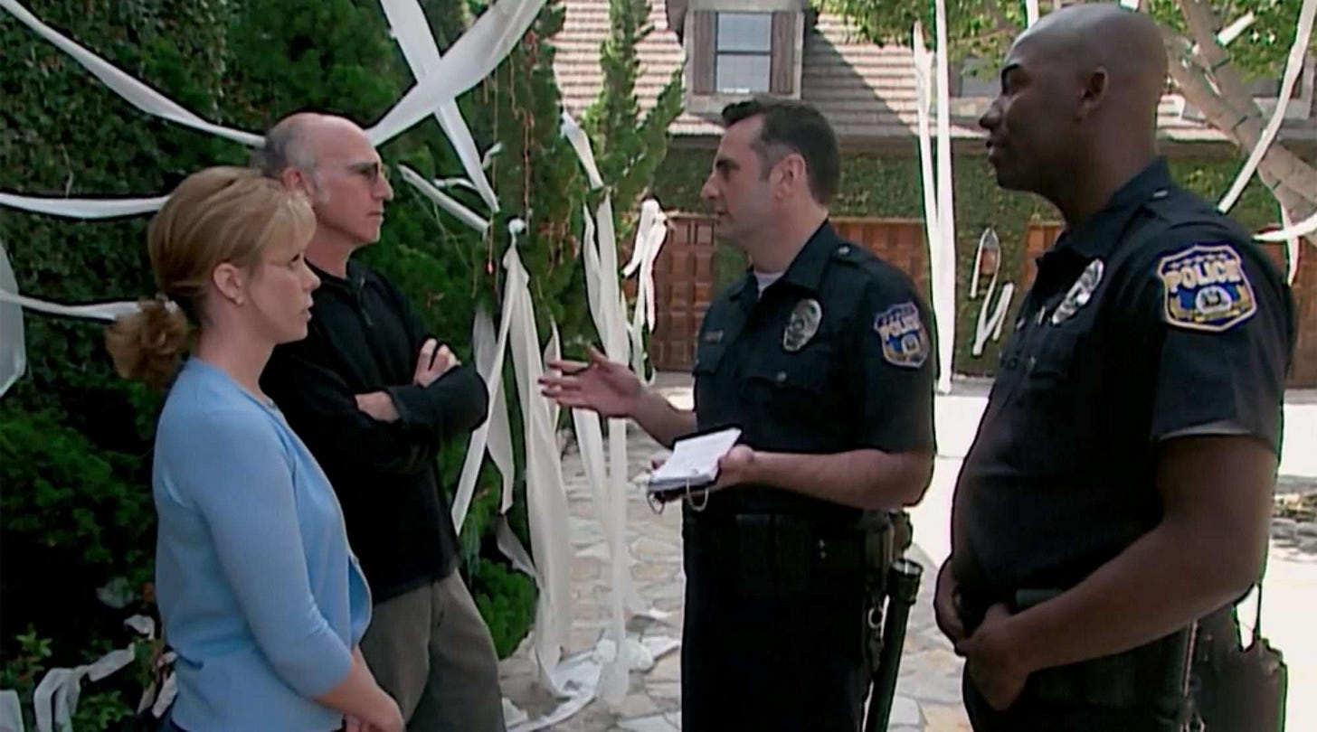From left to right: Cheryl Hines, Larry David, Steve Skrovan, and Reggie McFadden on 'Curb Your Enthusiasm'