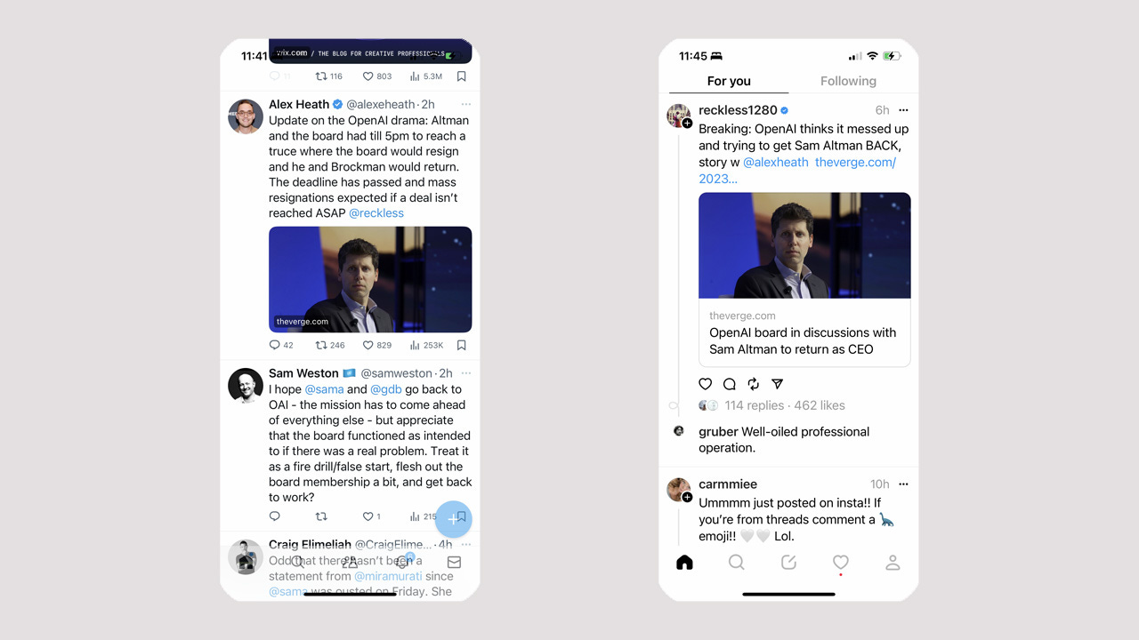 X/Twitter vs. Threads interface