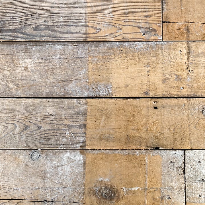 A before and after sanding and refinishing the floor with a drum sander. The 2nd photograph has citrus solvent and Tung oil.