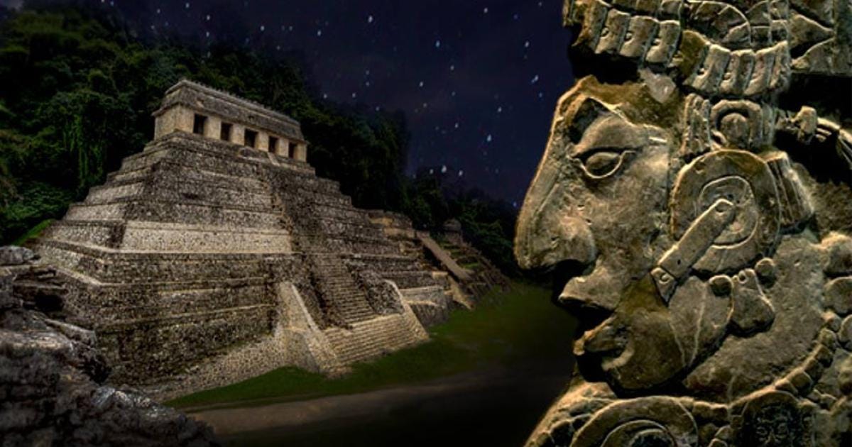 Deriv; K'inich Kan B'alam II, one of the many rulers of Palenque (Public Domain), and The Temple of the Inscriptions, Palenque, Mexico