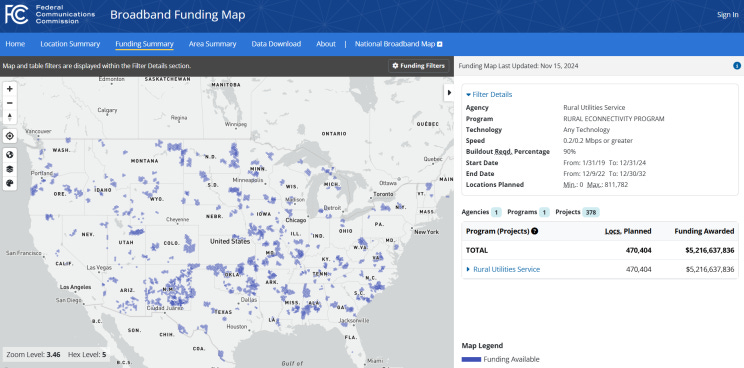 A map of where ReConnect Funding was distributed across the US from the FCC's Broadband Funding Map.