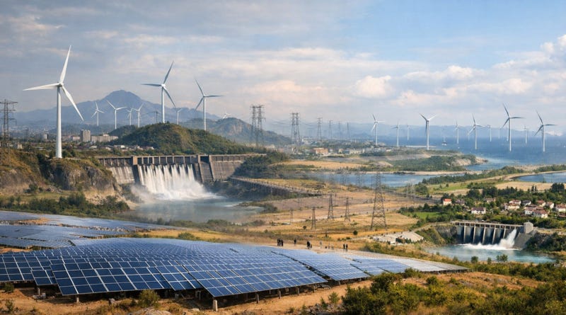 Chatgpt generated panoramic montage of the global wind, water, and solar buildout.