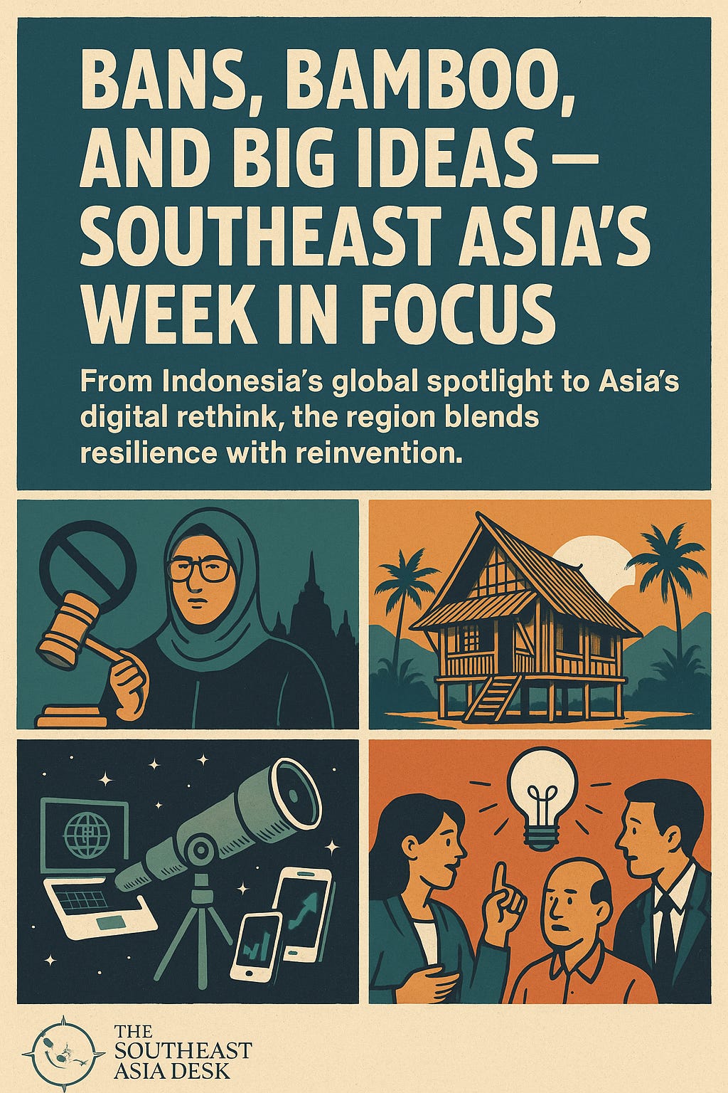 Collage of Southeast Asian moments — Jakarta’s SEABEF forum stage, bamboo architecture, women innovators, and film reels — symbolizing the region’s blend of diplomacy, sustainability, and creativity in one dynamic week.