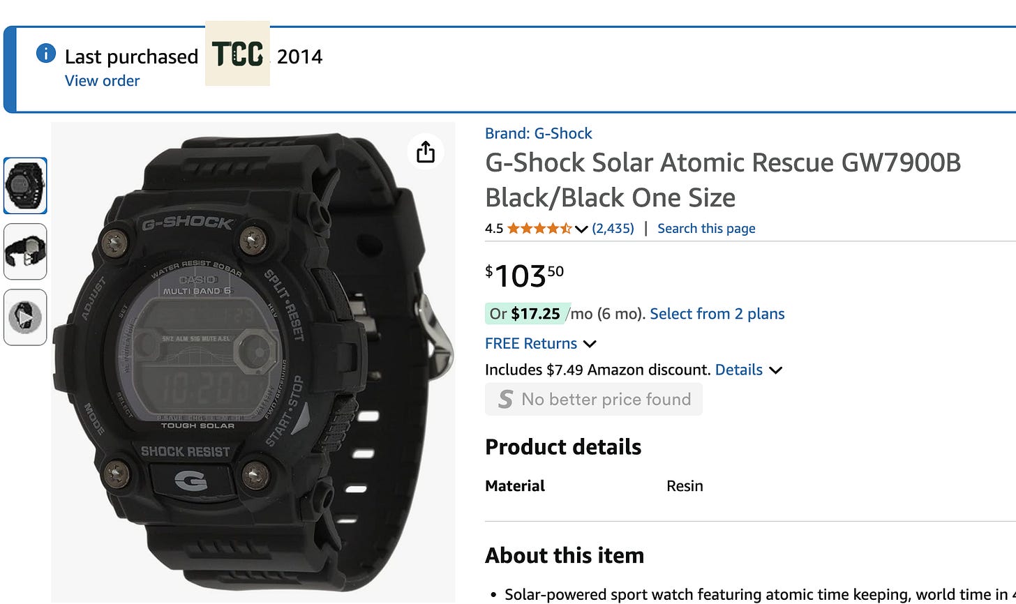 Product page on Amazon showing a G-Shock Solar Atomic Rescue GW7900B digital watch in black, priced at $103.50. The watch face is dark with a digital display, surrounded by four visible screws on the bezel.