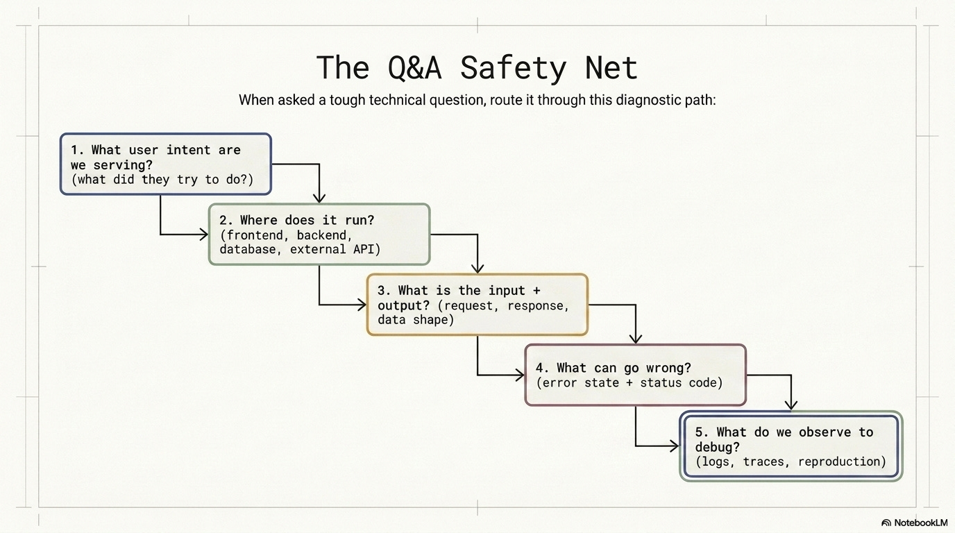 Diagram of the “5-question debugging sequence” for web apps: identify user intent, locate where it runs (frontend/backend/database/external API), define inputs and outputs (request/response/data shape), list failure modes (errors/status codes), and decide what to observe (logs/traces/reproduction).