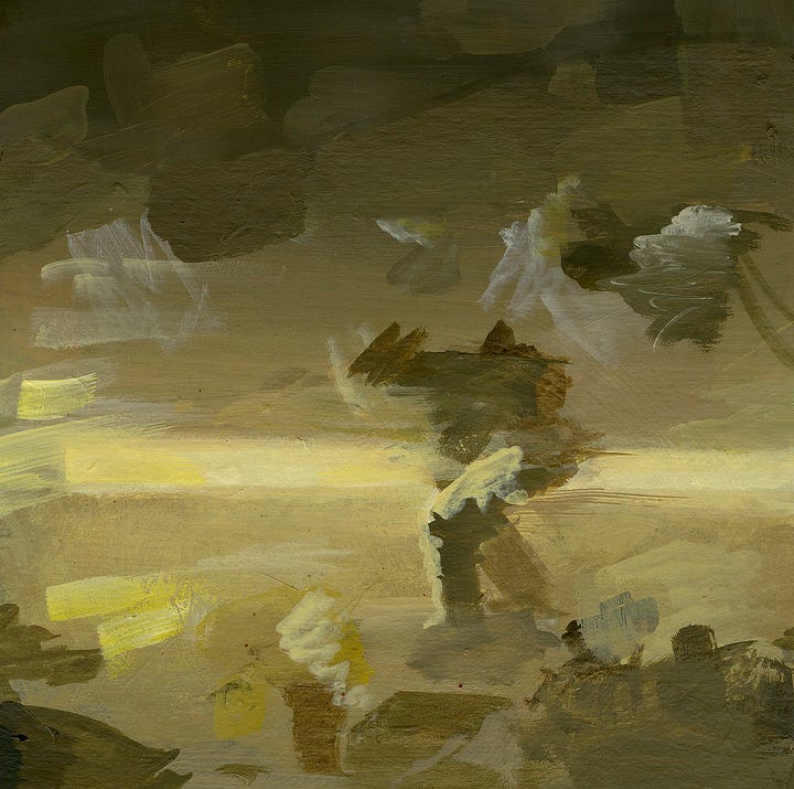 LEFT: Detail from THE MIST BEYOND featuring Norm the bag boy wearing an apron and bent at the waist to peer beneath the bay door in the grocery stockroom. He freezes in terror as a tentacle slithers at him through the gap. RIGHT: Photo of brush strokes that prompted THE MIST BEYOND including a lighter horizontal line of yellow defining the opening of the overhead door and darker brush strokes suggesting the bent over figure.