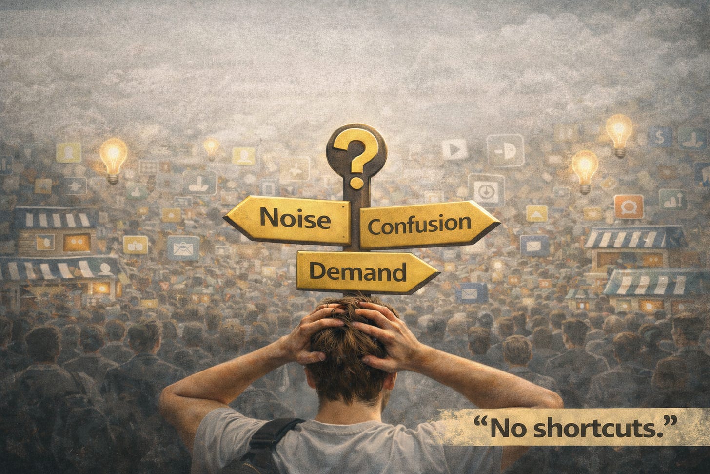 Founder overwhelmed by noise and confusion in a crowded digital market, symbolizing rising competition, AI-driven entrepreneurship, and the challenge of identifying real demand. Founder overwhelmed by noise and confusion in a crowded digital market, symbolizing rising competition, AI-driven entrepreneurship, and the challenge of identifying real demand.