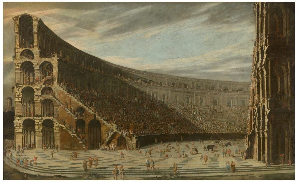 An Old Master painting of the Roman Colosseum in ancient times, filled with crowds. An Old Master painting of the Roman Colosseum in ancient times, filled with crowds.