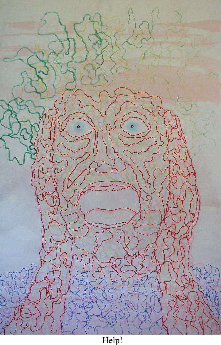 four portraits made of squiggly lines of magic marker, all faces with blue eyes staring out at viewer