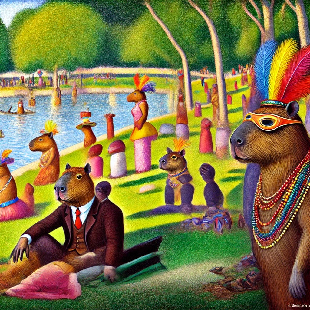 A vibrant scene inspired by 'A Sunday Afternoon on the Island of La Grande Jatte' by Georges Seurat, but instead of people, the park is filled with capybaras wearing colorful carnival accessories. The capybaras are adorned with feathered headdresses, masks, beads, and festive costumes, lounging by the riverside. However, one capybara stands apart from the celebration—it is dressed in a formal brown suit, with a serious and melancholic expression, looking slightly out of place in the joyous atmosphere. The painting maintains the pointillist style with warm sunlight, lush green trees, and a serene water backdrop, evoking both festivity and quiet introspection.