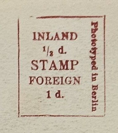 A vintage stamp with the text 'INLAND 1/2 d. STAMP FOREIGN 1 d.' and the note 'Phototyped in Berlin'.