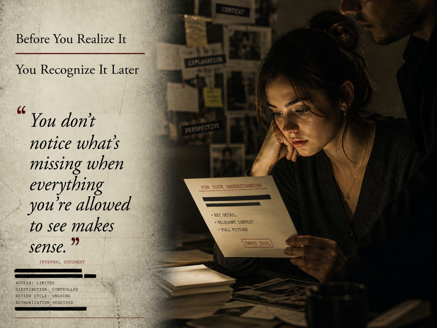 A woman studies a document in soft light, unaware that key details are missing just outside her view, symbolizing how grooming filters information to shape trust A woman studies a document in soft light, unaware that key details are missing just outside her view, symbolizing how grooming filters information to shape trust
