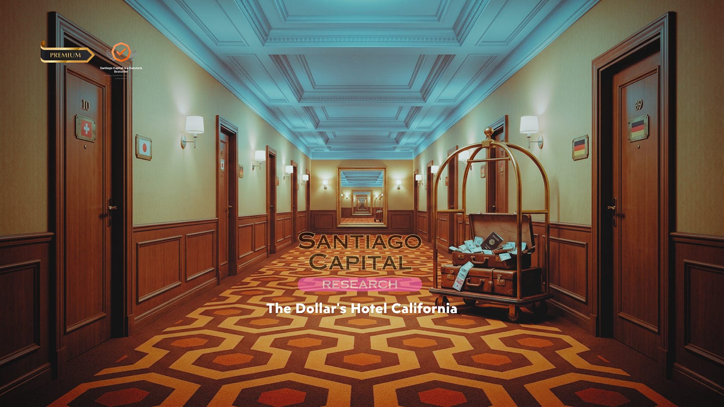 Elegant hotel corridor with ornate ceiling, vintage luggage cart, and numbered guest room doors