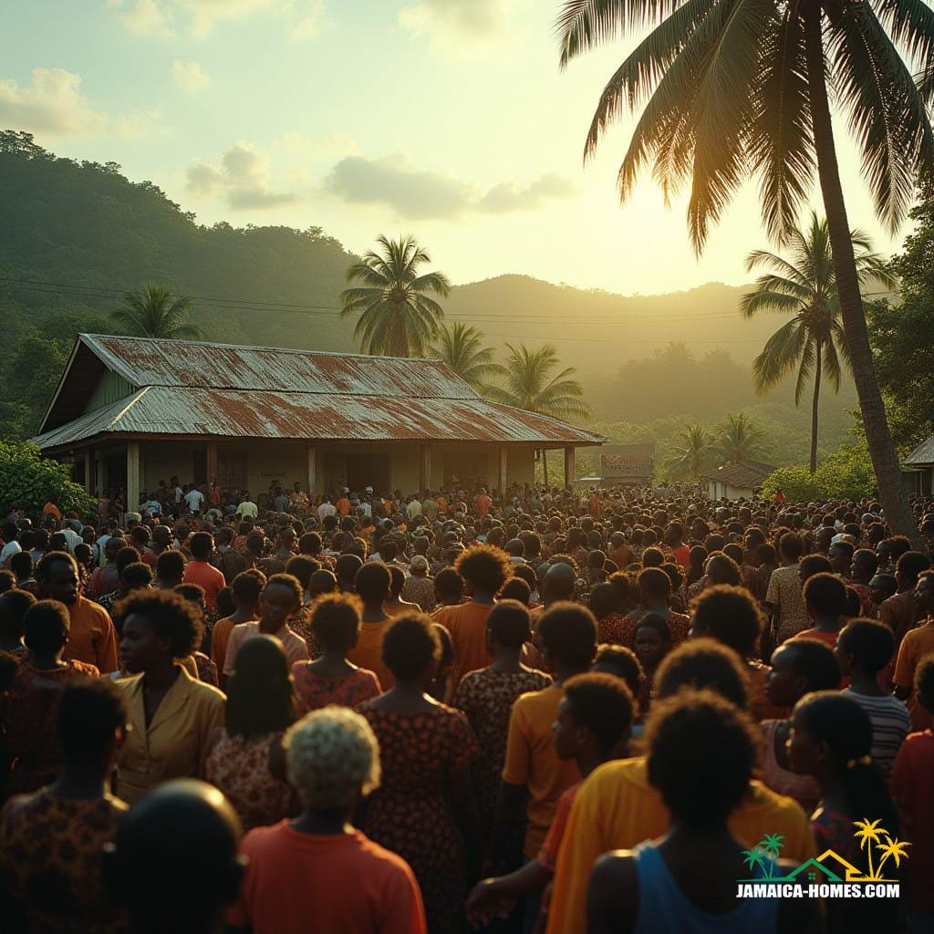 Vibrant Jamaican community gathered in front of a newly built community hall, set against the lush Caribbean landscape, warm golden light casting long shadows, rich film grain texture, subtle vignette, cinematic color grading with deep blues and greens, post-processed to perfection, dramatic cinematic lighting, 35mm film aesthetic, live-action authenticity, atmospheric with a sense of joy and pride, a masterpiece of storytelling, epic in scale, stunning in detail, reminiscent of the works of Akira Kurosawa, Gordon Parks, and Spike Lee, with a hint of Terrence Malick's poetic realism.