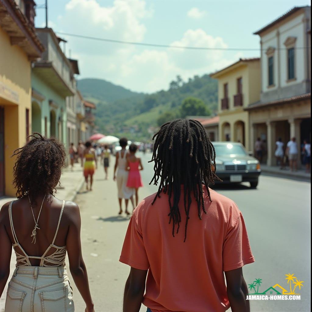 Jamaican man with dreadlocks and woman walking on a lively street