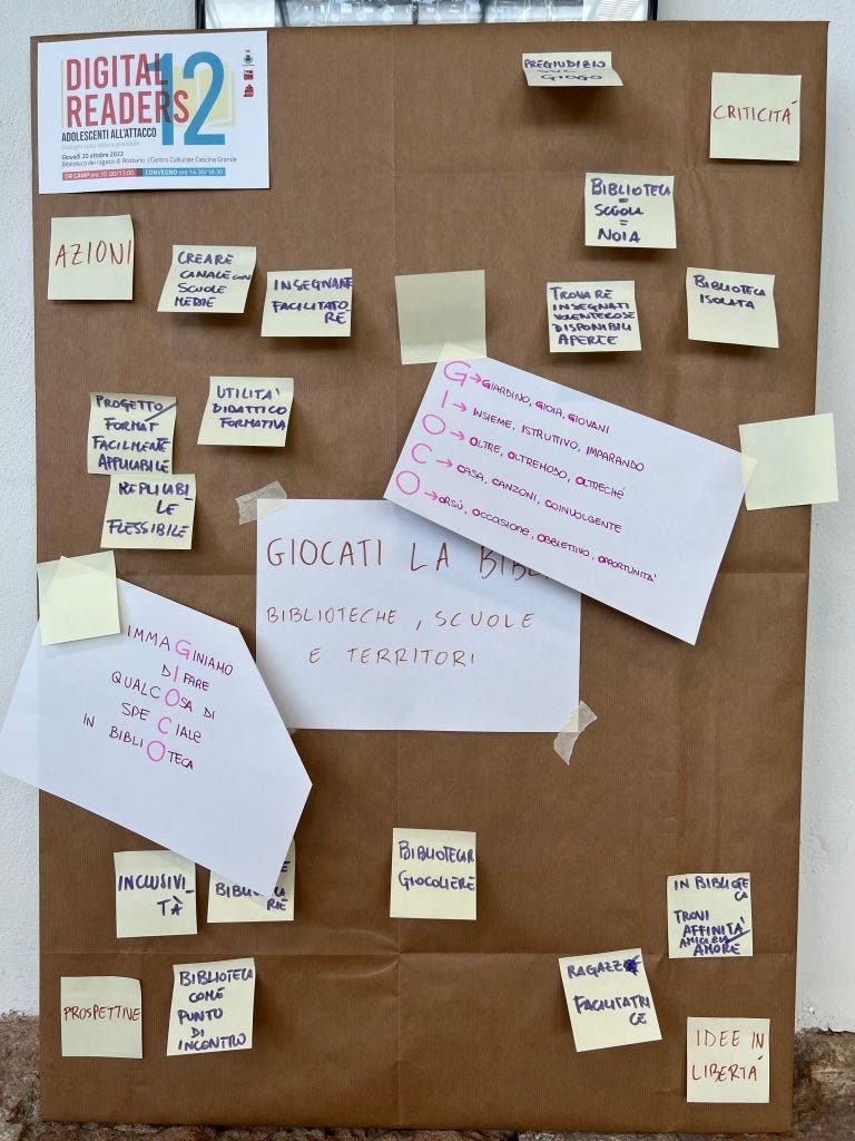 Poster del tavolo di lavoro dedicato a "Giocati la biblioteca", rapporti tra biblioteche, scuole e territori