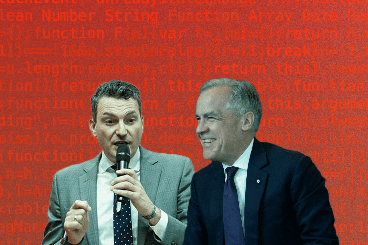 PM Mark Carney and Evan Soloman, new AI Minister, in the foreground. Computer code in the background.