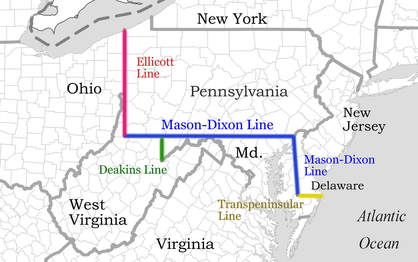 r/MapPorn - Early Survey Lines in the Eastern US: Mason-Dixon, Ellicott, Deakins and Transpeninsular. [2060 × 1292]