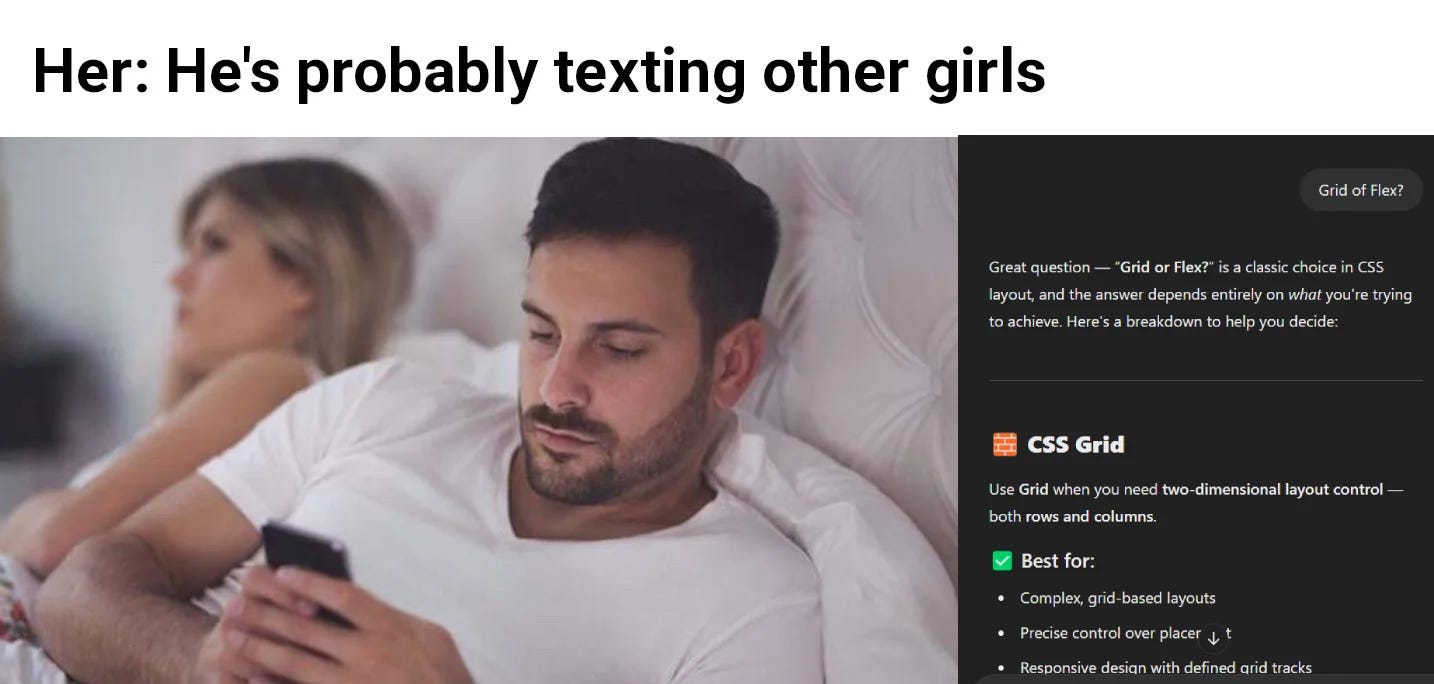 Meme: Muž a žena spolu leží v posteli. Muž cosi píše do mobilu. Žena si myslí: Asi si zrovna dopisuje s jinou. Muž mezitím s Chatem GPT řeší otázku, zda použít grif nebo flex.