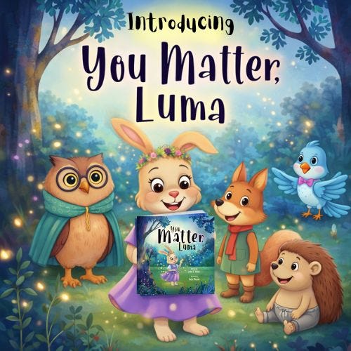 An illustration of several anthropomorphic forest animals gathered together in a glowing, enchanted woodland. In the center, a rabbit wearing a purple dress and a flower crown holds a book titled You Matter, Luma. She is flanked by a large owl in a teal cloak, a fox in a green sweater, a hedgehog, and a small blue bird wearing a bow tie. Above them, the text reads, "Introducing You Matter, Luma." An illustration of several anthropomorphic forest animals gathered together in a glowing, enchanted woodland. In the center, a rabbit wearing a purple dress and a flower crown holds a book titled You Matter, Luma. She is flanked by a large owl in a teal cloak, a fox in a green sweater, a hedgehog, and a small blue bird wearing a bow tie. Above them, the text reads, "Introducing You Matter, Luma."