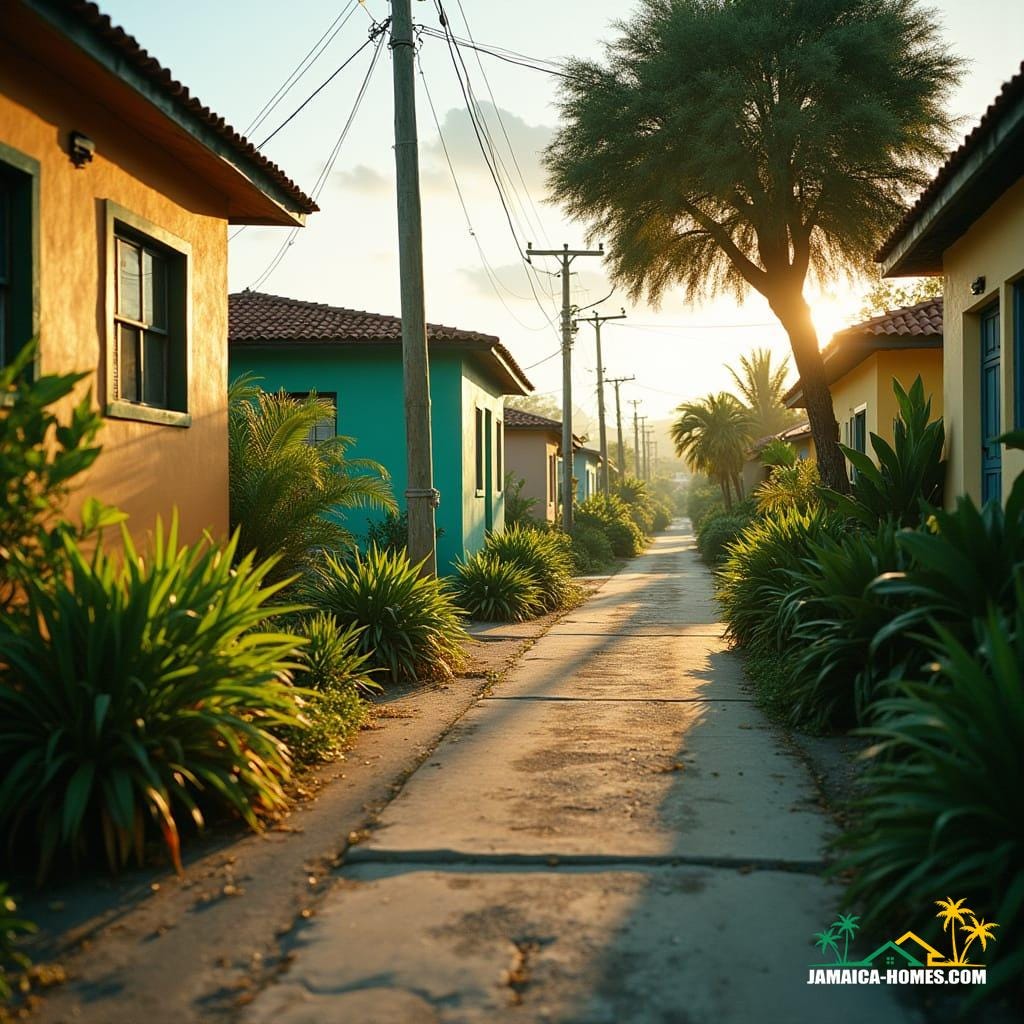 A vibrant Jamaican neighborhood where every property owner takes pride in their home's exterior, with lush gardens, freshly painted walls, and neatly trimmed lawns.