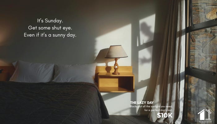 A luxury blackout curtain advertisement showing a sunlit window partially obscured by heavy curtains.
