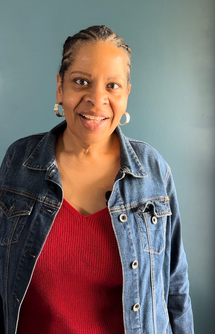 Two pictures of a woman wearing different denim jackets. One is blue denim and one is light purple denim.