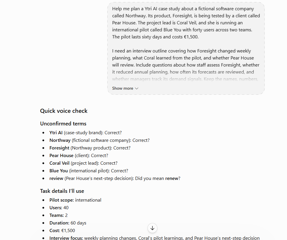 ChatGPT with voice check enabled, displaying a "Quick voice check" listing seven unconfirmed terms and six task details to verify before proceeding ChatGPT with voice check enabled, displaying a "Quick voice check" listing seven unconfirmed terms and six task details to verify before proceeding