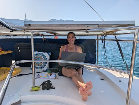 Images of author, Rosa Linda Román on a boat, with a computer or journal in hand for writing.