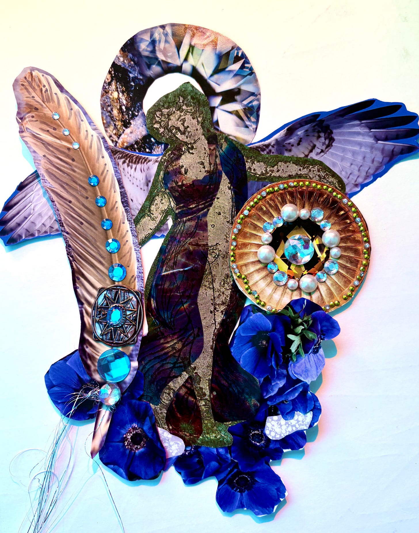 A collaged image of a woman in the style of a roman fresco with hawk wings, halo of crystals around her head, a featherd quill, and a golden shield walking on blue flowers. A collaged image of a woman in the style of a roman fresco with hawk wings, halo of crystals around her head, a featherd quill, and a golden shield walking on blue flowers.