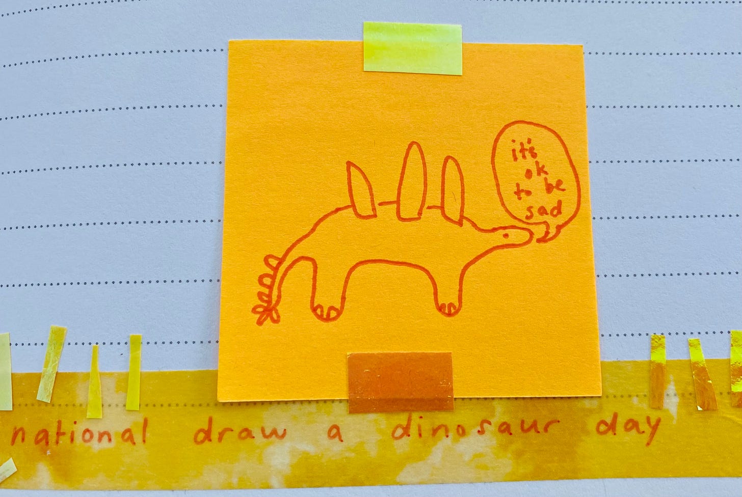 A badly hand-drawn cartoon dinosaur with a speech bubble that says "it's ok to be sad"