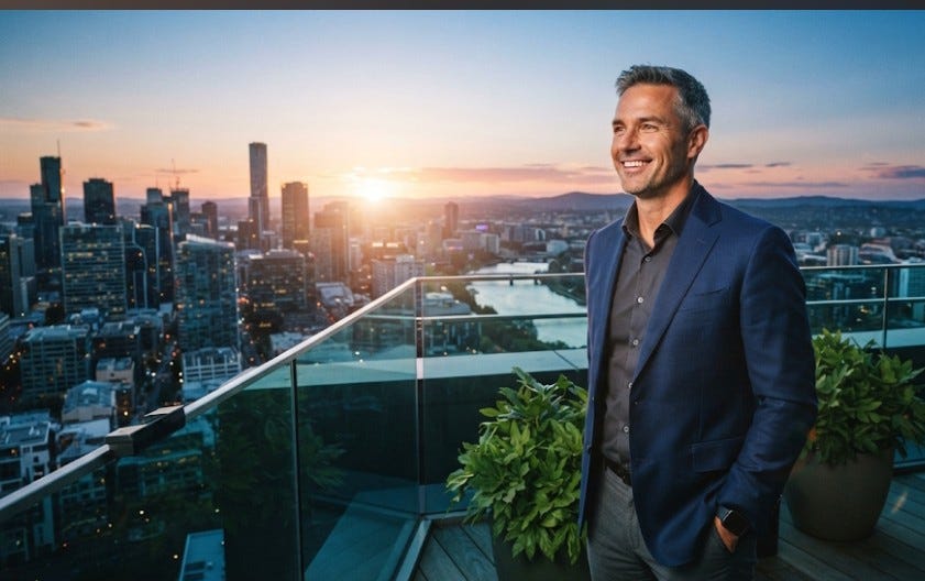 Un manager sorridente affacciato a una terrazza panoramica che guarda verso l'orizzonte urbano al tramonto, a rappresentare il legame tra successo lavorativo e benessere psicofisico.