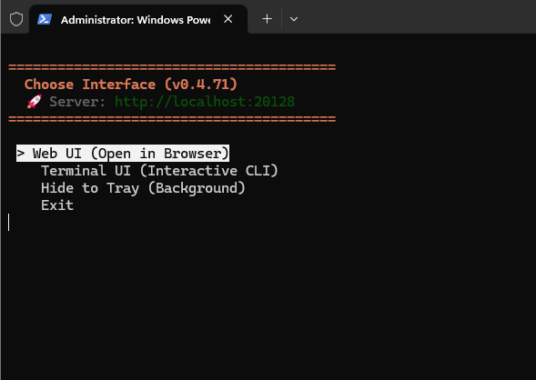 9Router terminal menu asking whether to open the web UI, terminal UI, tray mode, or exit. 9Router terminal menu asking whether to open the web UI, terminal UI, tray mode, or exit.