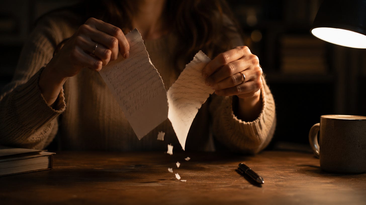 Hands tearing a handwritten page; watching the old contract burn.