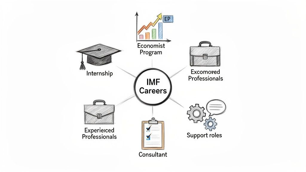 A mind map showing career opportunities at the IMF including internships, economist programs, and support roles. A mind map showing career opportunities at the IMF including internships, economist programs, and support roles.