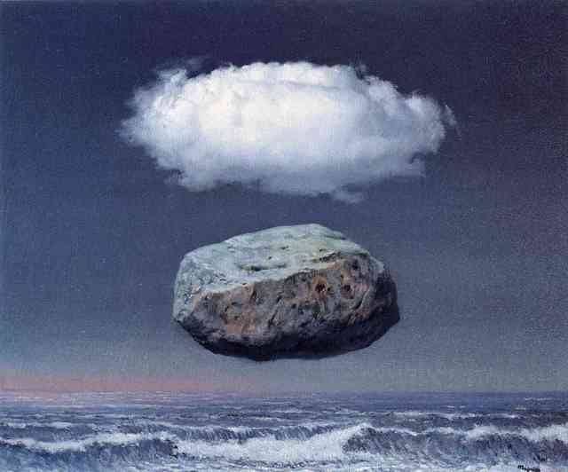 This may contain: a large rock floating in the air next to an ocean under a cloudy blue sky