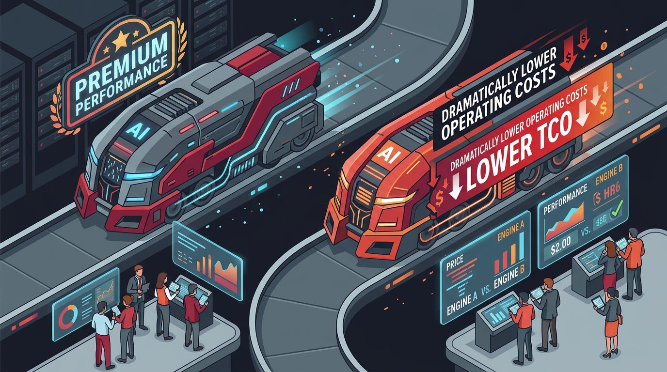 Flat isometric illustration of two high-performance AI engines racing side by side, one carrying a premium performance badge while the other displays dramatically lower operating costs, tiny enterprise buyers comparing price and performance dashboards instead of cheering for a winner, visual emphasis on value-driven competition, bold red and graphite gray color palette, clean vector art style, dark background, modern tech editorial aesthetic Flat isometric illustration of two high-performance AI engines racing side by side, one carrying a premium performance badge while the other displays dramatically lower operating costs, tiny enterprise buyers comparing price and performance dashboards instead of cheering for a winner, visual emphasis on value-driven competition, bold red and graphite gray color palette, clean vector art style, dark background, modern tech editorial aesthetic