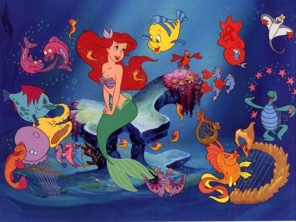 This may contain: the little mermaid is surrounded by other cartoon characters This may contain: the little mermaid is surrounded by other cartoon characters