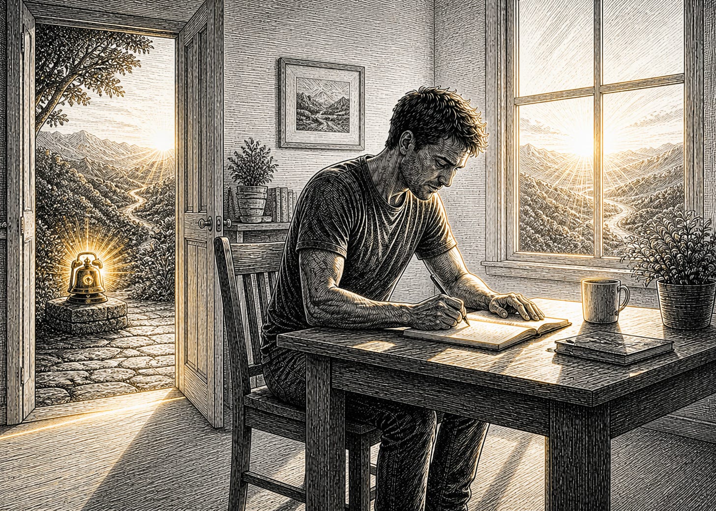 A man writes calmly at a desk while a glowing alarm bell sits untouched outside the open doorway.