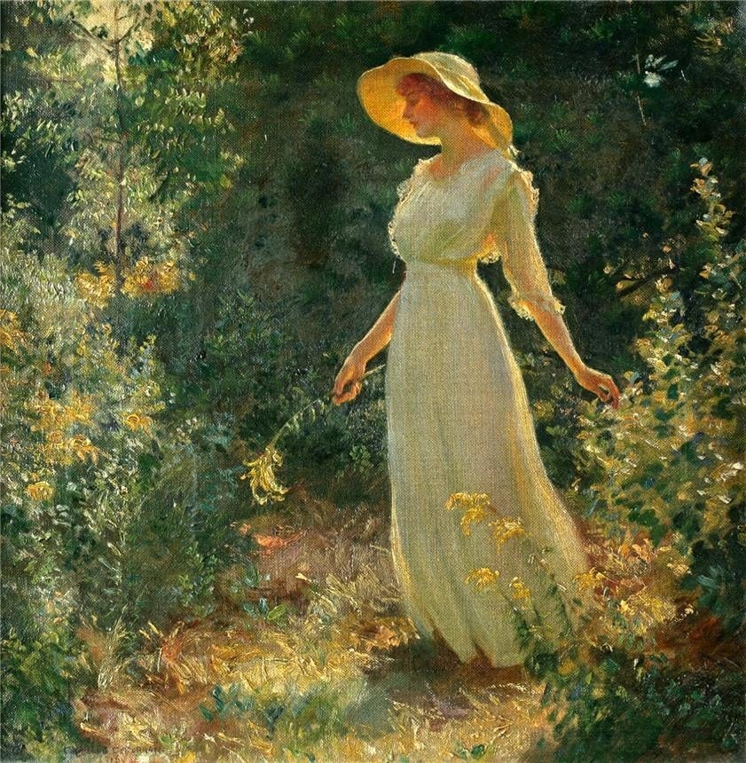 Woman in a white dress in a garden originally painted by Charles Courtney  Curran. Ocean's Bridge Oil Paintings