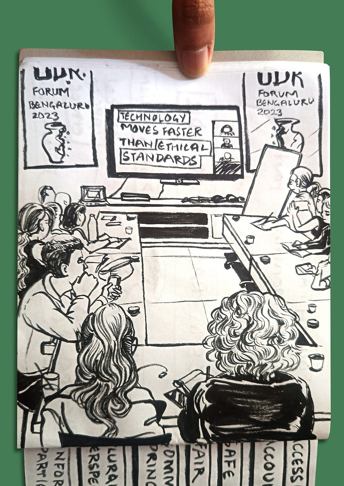 Sketch showing people siting in the conference room watching a presentation on ethical standards