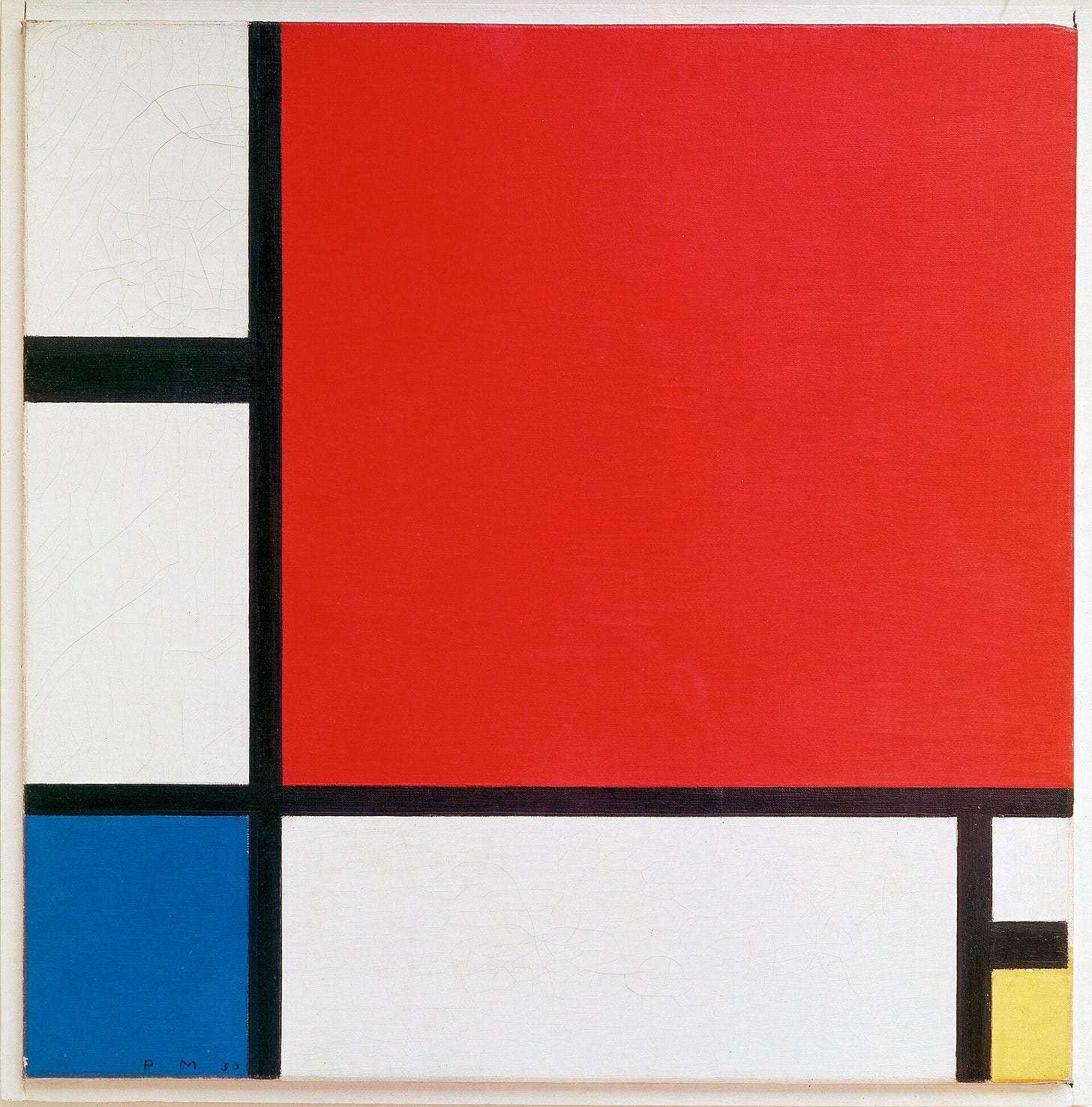 Piet Mondrian's Composition with Red, Blue and Yellow, a 1930 grid painting with black lines and blocks of primary color Piet Mondrian's Composition with Red, Blue and Yellow, a 1930 grid painting with black lines and blocks of primary color