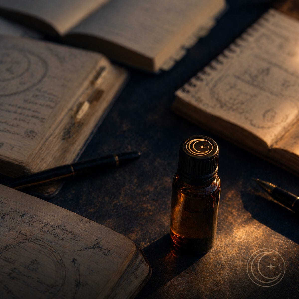 MoonInMental aromatherapy image for May 17-23 2026 Gemini stack post. Desk with multiple open notebooks and one amber oil bottle representing creative overflow meeting grounded nervous system support. MoonInMental aromatherapy image for May 17-23 2026 Gemini stack post. Desk with multiple open notebooks and one amber oil bottle representing creative overflow meeting grounded nervous system support.